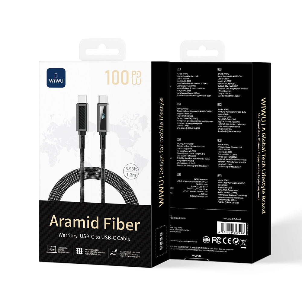 Wiwu Wi-C079 Warriors Serisi Aramid Fiber Dijital LED Göstergeli Type-C to Type-C PD Data ve Şarj Kablosu 100W 1.2M Wiwu Wi-C079 Warriors Serisi Aramid Fiber Dijital LED Göstergeli Type-C to Type-C PD Data ve Şarj Kablosu 100W 1.2M